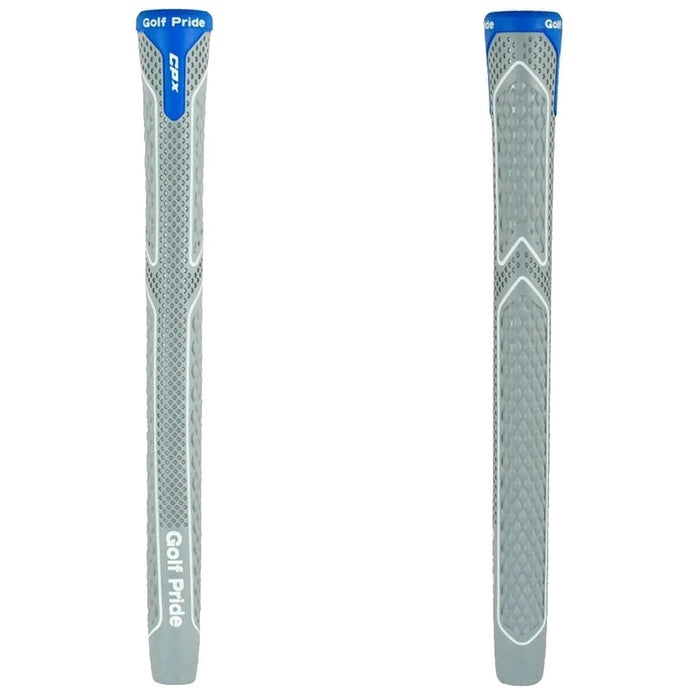 A golf club grip is displayed vertically featuring a textured surface for enhanced hold and comfort it is gray with blue accents and labeled Golf Pride.