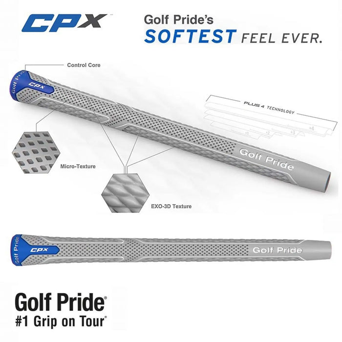 Golf grip labeled CPX displaying various textures and features such as Control Core Micro-Texture and EXO-3D Texture indicating its design for softness and control in golf performance. Text states Golf Pride’s SOFTEST FEEL EVER and Golf Pride #1 Grip on Tour.