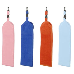 Four brightly colored cloths hang in a row featuring pink blue orange and light blue with clips at the top suggesting they are designed for attachment or hanging in a storage or display context.
