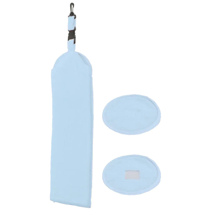 A light blue storage sleeve with a clip is positioned vertically alongside two circular pads in a similar color on a plain background.