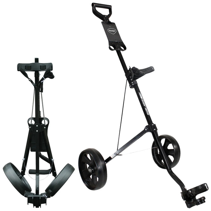 A golf pushcart with a collapsible design features a handle and three wheels for mobility. It stands upright when folded and is used to transport golf bags on the course.