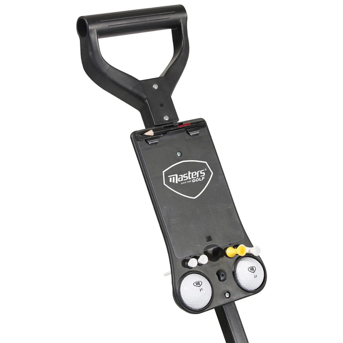 A golf ball marker tool displays a central platform with slots for two golf balls and a pencil holder on top the handle is designed for easy gripping during use