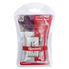 A multi-cleaner brush is displayed in clear packaging featuring brass and nylon brushes for cleaning equipment alongside a QR code and branding elements in a simple retail setting.