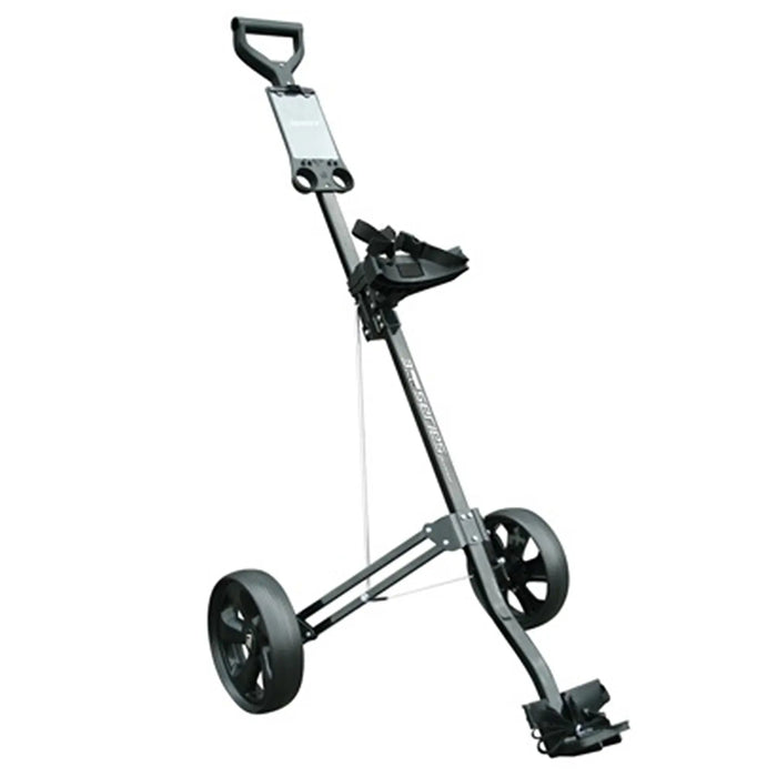 A golf push cart stands upright with a handle for guiding and two large wheels. It has a holder for the golf bag and a compartment for accessories.