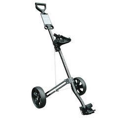 A golf push cart stands upright with a handle for guiding and two large wheels. It has a holder for the golf bag and a compartment for accessories.