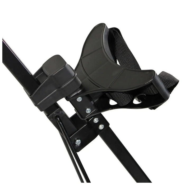 A black and gray adjustable strap securely holds a harness on a metallic frame with bolts and screws visible, indicating a sturdy construction likely used for supportive or recreational purposes.