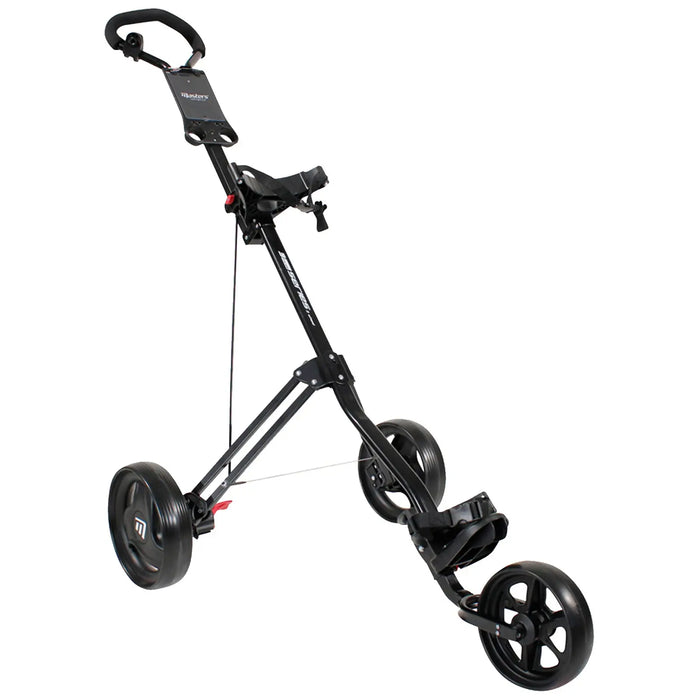 A black golf push cart stands upright with three wheels. It holds a golf bag in a designated seat while the handle is positioned for easy maneuverability on a golf course.