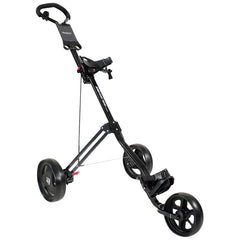 A black golf push cart stands upright with three wheels. It holds a golf bag in a designated seat while the handle is positioned for easy maneuverability on a golf course.
