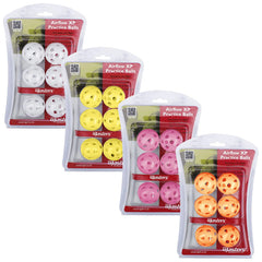 Four packages of Airflow XP practice balls in white yellow pink and orange are displayed together showcasing six balls per pack designed for simulating flights during practice activities.