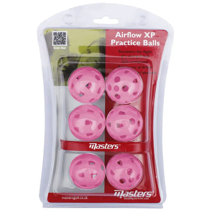 Six pink practice balls are arranged in a transparent packaging. They are designed for golf practice, simulating the flight of real golf balls. The packaging features the brand name Masters and details about the product.
