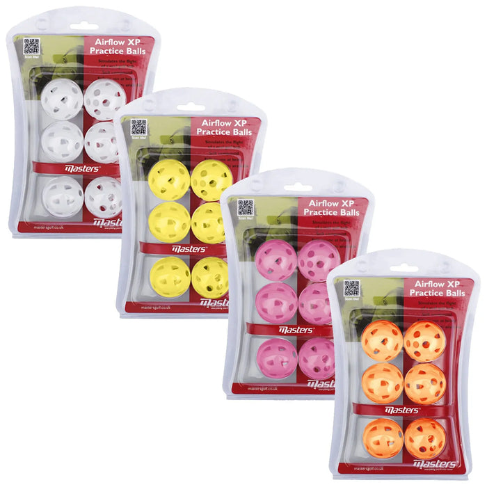 Four packs of colorful plastic practice balls are displayed with various colors including white yellow pink and orange each ball features holes and is designed to simulate flight for practice purposes.