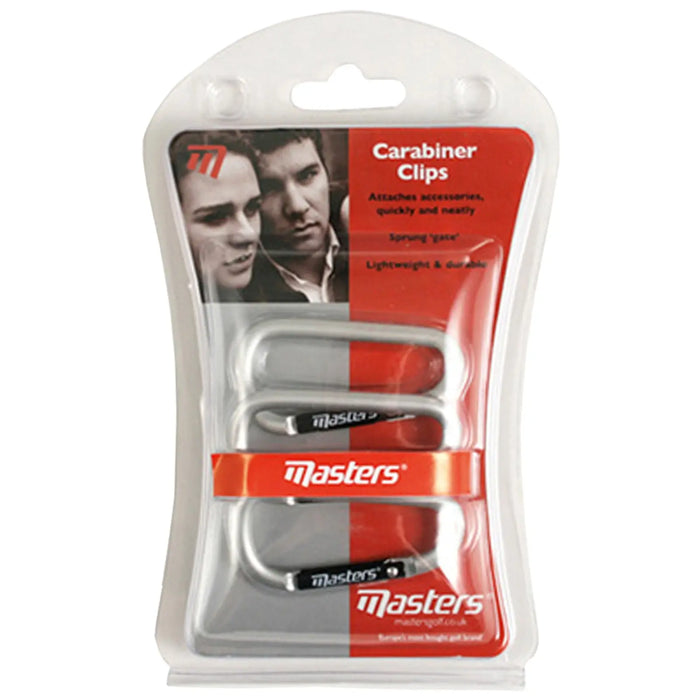 Three silver carabiner clips are displayed in a plastic package featuring images of two people and a red label with text highlighting the product's features.