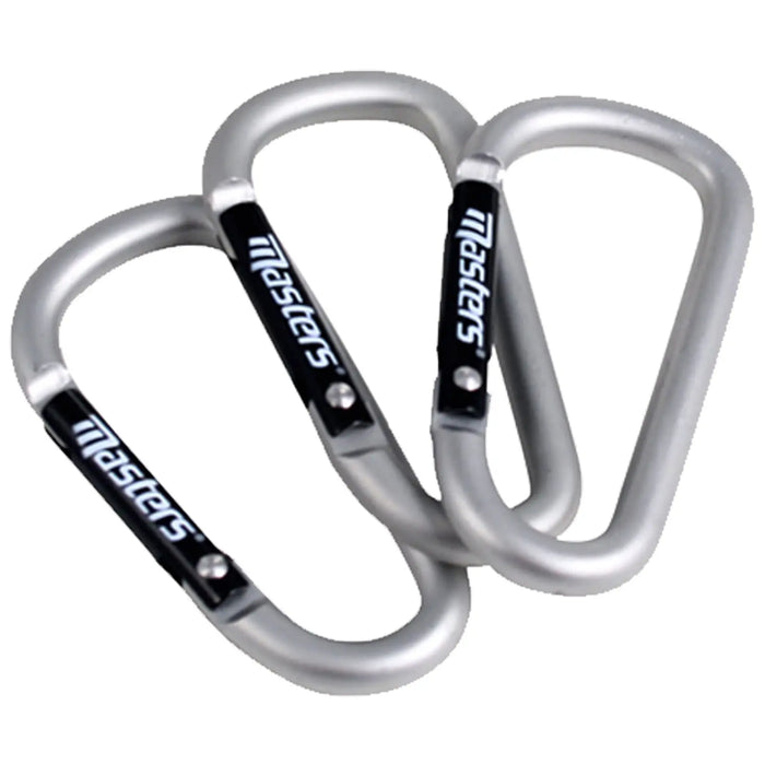 Three aluminum carabiners are positioned closely together. They feature black grips with a brand label. The context implies use in climbing or outdoor activities, showcasing their sturdy design.