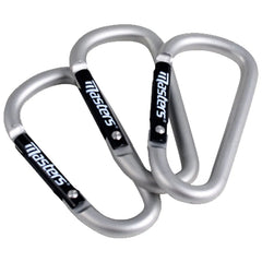 Three aluminum carabiners are positioned closely together. They feature black grips with a brand label. The context implies use in climbing or outdoor activities, showcasing their sturdy design.