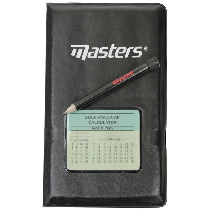 A black leather golf handicap calculator features a dated scoring sheet labeled with "GOLF HANDICAP CALCULATOR MATCHPLAY" and a black pencil resting on top with the logo "Masters" visible on both.