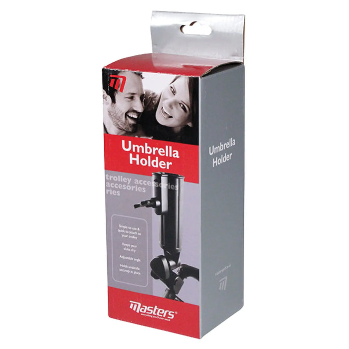 A box containing an umbrella holder is displayed showing its features and usage instructions. The holder is designed for strollers and is aimed at keeping items dry while securely holding an umbrella.