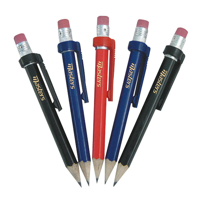 Five mechanical pencils of various colors including red blue and black are arranged with their tips aimed downward showcasing the erasers and clips attached to each pencil in a neutral background