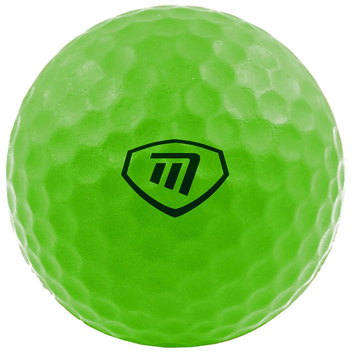 A bright green golf ball with a textured surface is centered, showcasing a black logo resembling an "M" within a shield, set against a plain white background.