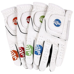 Four white golf gloves are stacked next to each other. Each glove has a colored logo and a circular patch in different colors: orange, red, green, and blue.