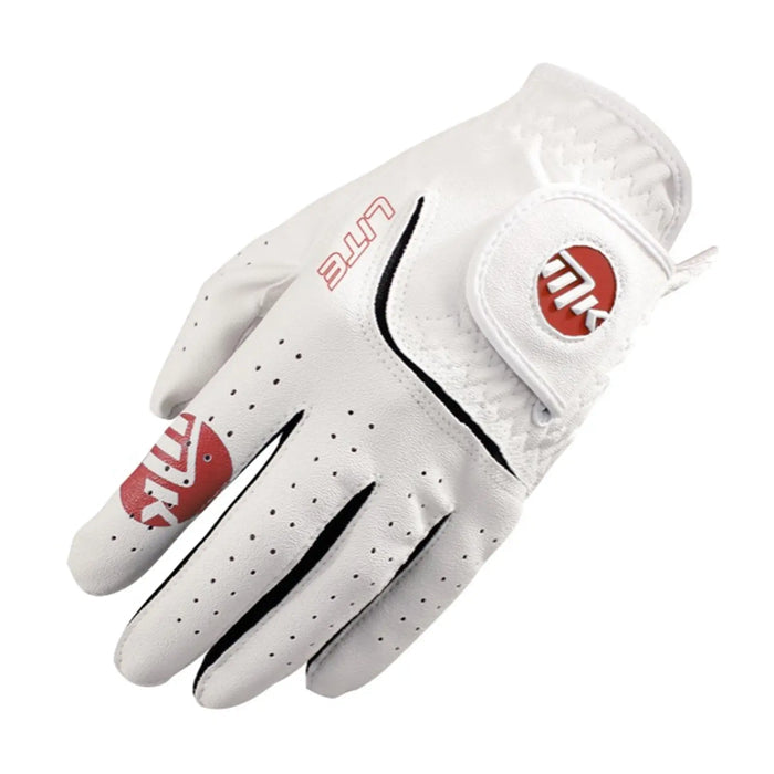 A white golf glove with red and black accents is displayed prominently. It appears to be positioned as if ready to be worn, emphasizing its design and purpose for sports use.