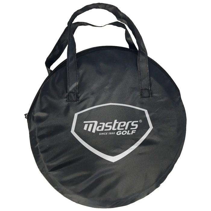 A round black golf bag with dual handles sits upright displaying the logo "masters GOLF" with "since 1990" below indicating it is a sports equipment item used for carrying golf clubs.