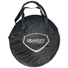 A round black golf bag with dual handles sits upright displaying the logo "masters GOLF" with "since 1990" below indicating it is a sports equipment item used for carrying golf clubs.