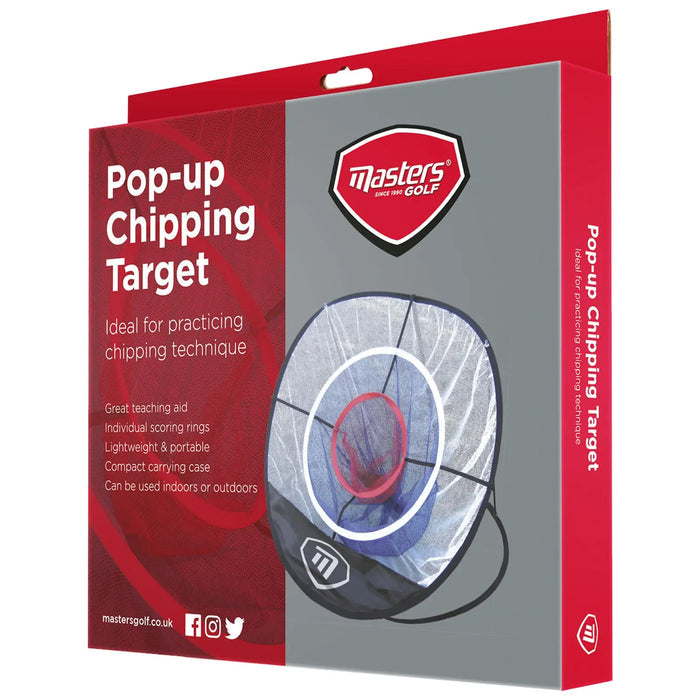 A pop-up chipping target is displayed showing scoring rings and a lightweight design for practicing golf chipping technique. It includes text highlighting features and suitability for indoor or outdoor use.