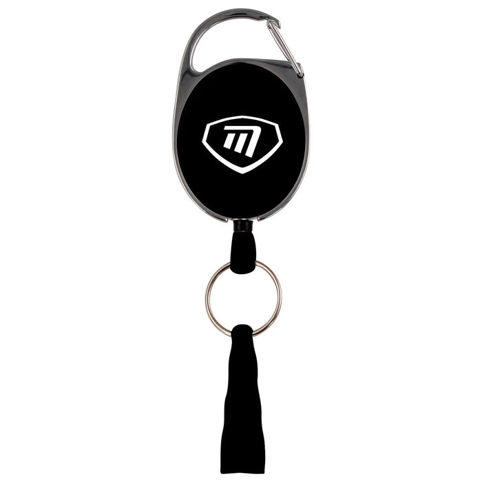 A retractable badge holder features a circular black case with a white logo attached to a keyring and strap that allows for easy access and attachment.