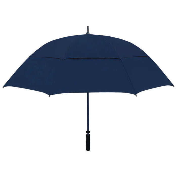 A navy blue umbrella with a curved canopy and a black handle stands upright against a plain background, designed to provide shelter from rain or sun.