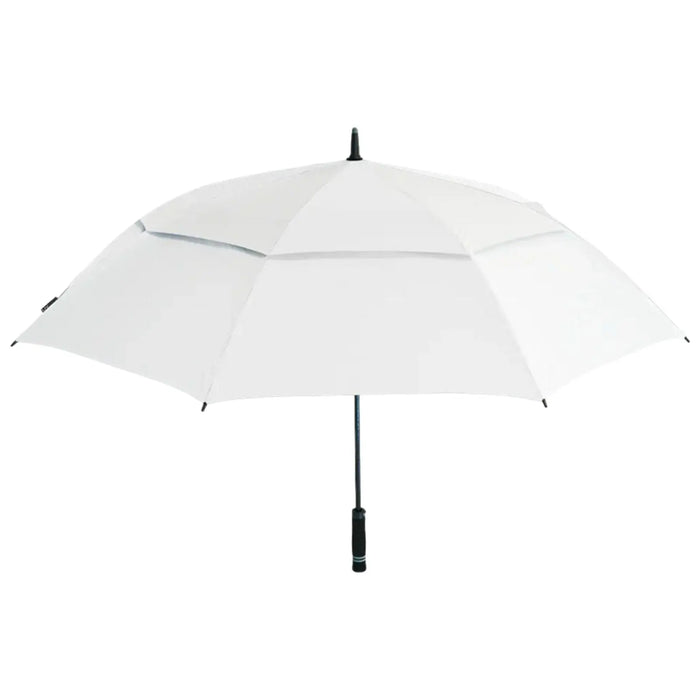 A white umbrella stands upright with a black handle The canopy is open providing shade against sunlight or protection from rain in an outdoor setting