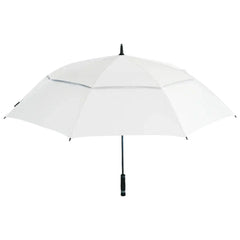 A white umbrella stands upright with a black handle The canopy is open providing shade against sunlight or protection from rain in an outdoor setting
