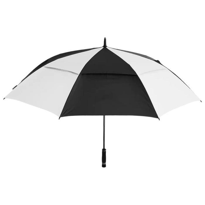 A black and white umbrella stands upright with alternating colored panels open above a straight black handle in a neutral background providing a stark visual contrast and shade from sun or rain.