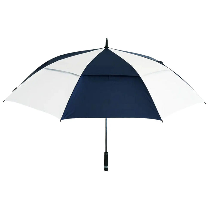 A large umbrella with alternating navy blue and white panels is opened upright providing shade or protection from rain in an outdoor environment likely during inclement weather.