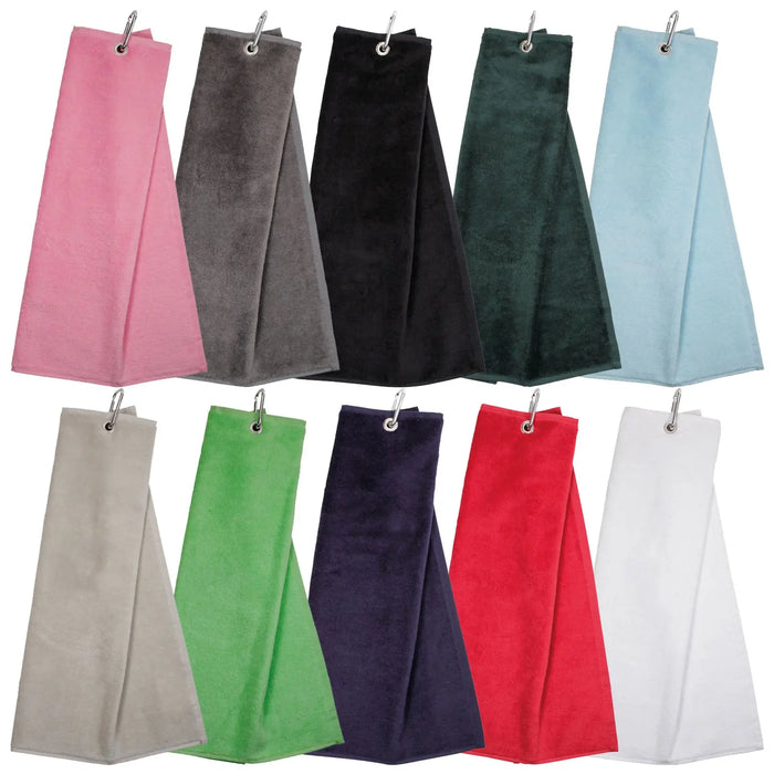Colorful towels hang vertically in a row with clips attached at the top displaying various shades like pink grey black green and red set against a plain background.