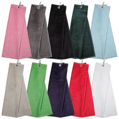 Colorful towels hang vertically in a row with clips attached at the top displaying various shades like pink grey black green and red set against a plain background.