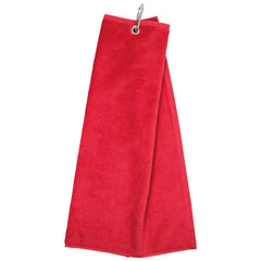 A red towel hangs from a metal ring suggesting it is ready for use in a bathroom or kitchen environment. The fabric appears soft and absorbent.