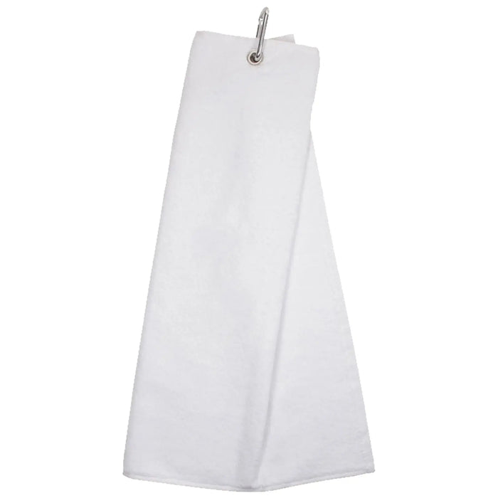 A white towel hangs from a metal clip displaying a clean and simple design in a neutral setting potentially used for drying or wiping surfaces.