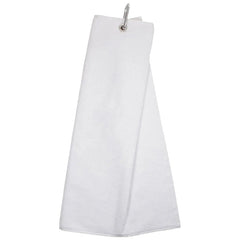 A white towel hangs from a metal clip displaying a clean and simple design in a neutral setting potentially used for drying or wiping surfaces.