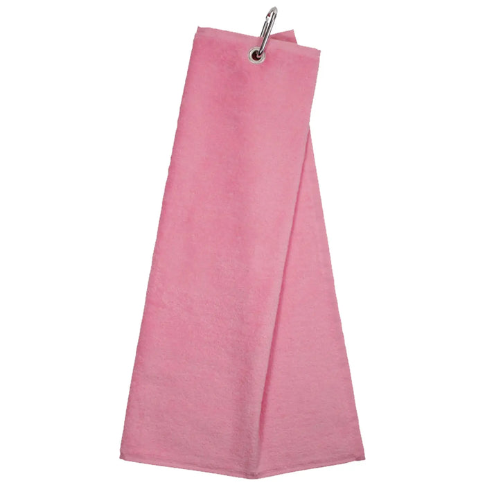 A pink towel hangs from a metal ring displaying softness and texture while being ready for use in a bathroom or kitchen setting.