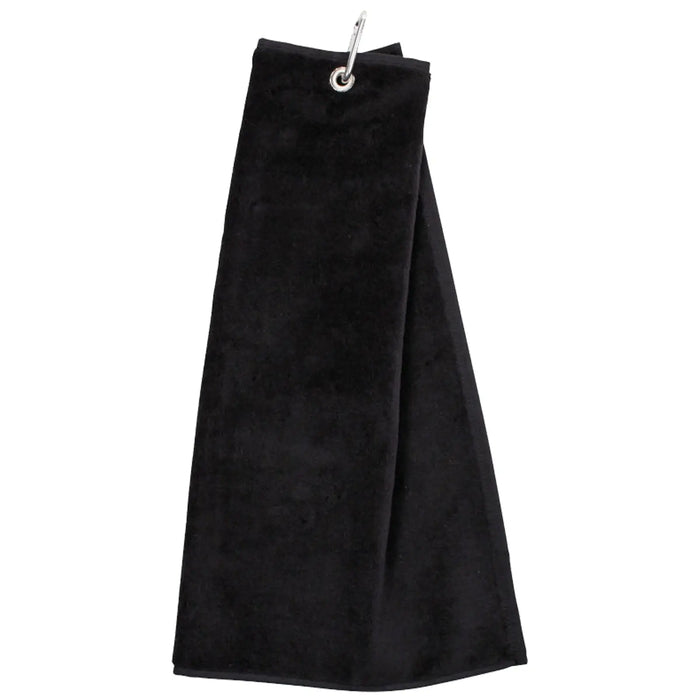 A black towel hangs from a metal grommet designed for drying or wiping surfaces in a bathroom or kitchen environment showcasing a simple and functional textile design.
