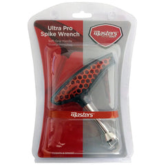 A spike wrench with a soft-grip handle and strong steel pins is displayed in clear packaging labeled "Ultra Pro Spike Wrench" and "Masters Golf" alongside details about cleats and spikes.