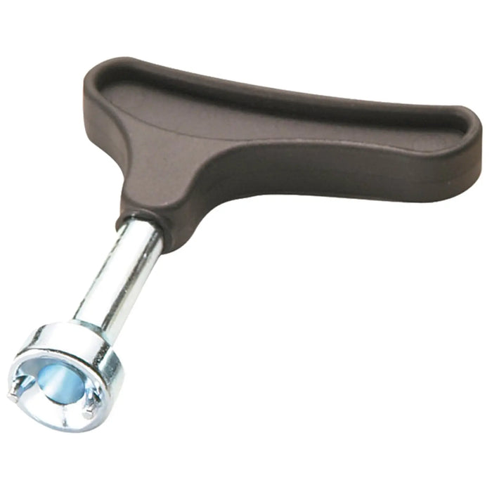 A T-shaped tool with a brown plastic handle and a chrome metal end is designed for tightening or loosening fasteners in mechanical or automotive settings.