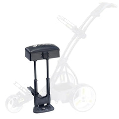 A black golf push cart seat is positioned upright with two extendable legs and a storage compartment featuring a logo, set against a faded image of the cart's frame.
