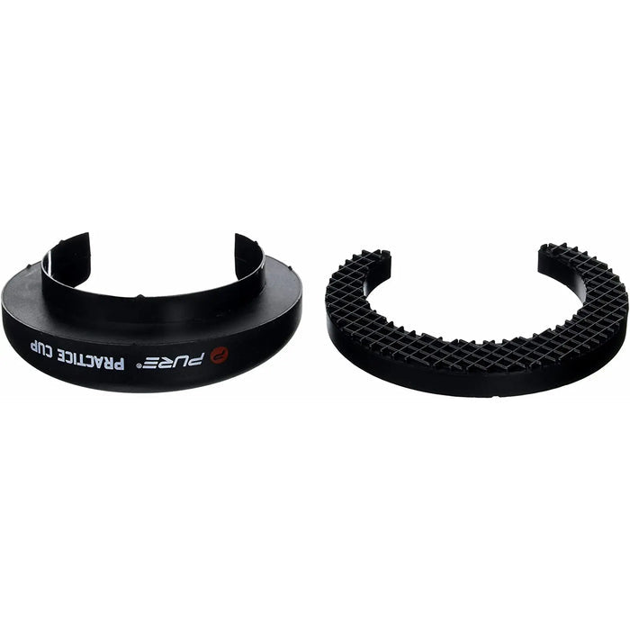 A black plastic lens hood and cap are displayed side by side with a matte finish and textured grip indicating their use for camera equipment in a photography context.