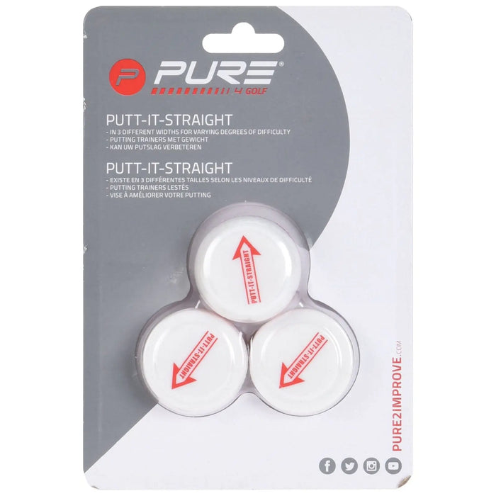 Three white golf putting trainers are displayed in a plastic package with the text PUTT-IT-STRAIGHT indicating their purpose for improving putting skills in varying degrees of difficulty.