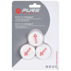 Three white golf putting trainers are displayed in a plastic package with the text PUTT-IT-STRAIGHT indicating their purpose for improving putting skills in varying degrees of difficulty.