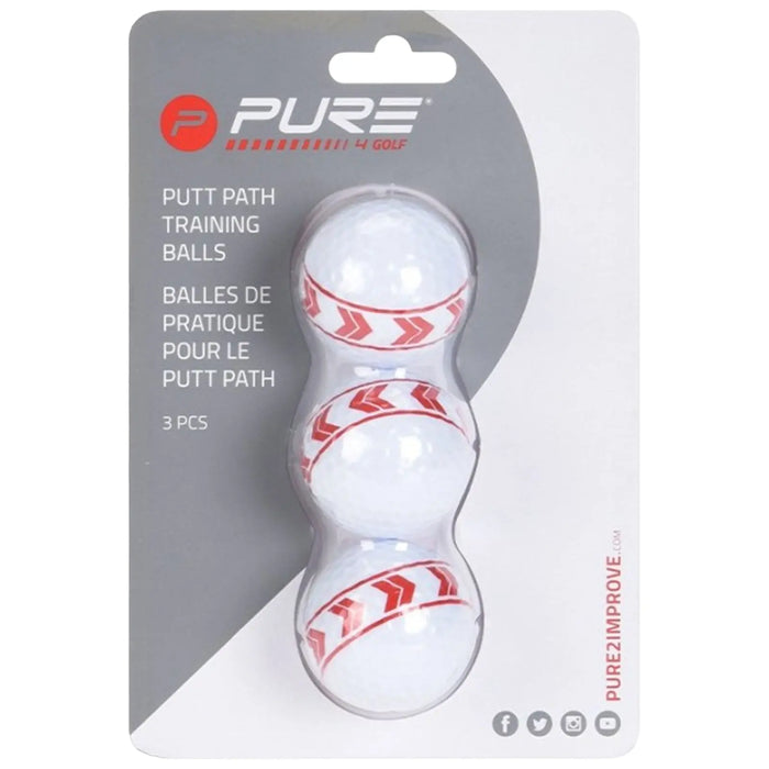 Three white golf training balls are displayed in a plastic packaging with a hanging tag the balls are designed for practicing putting paths and feature red directional markings on them.