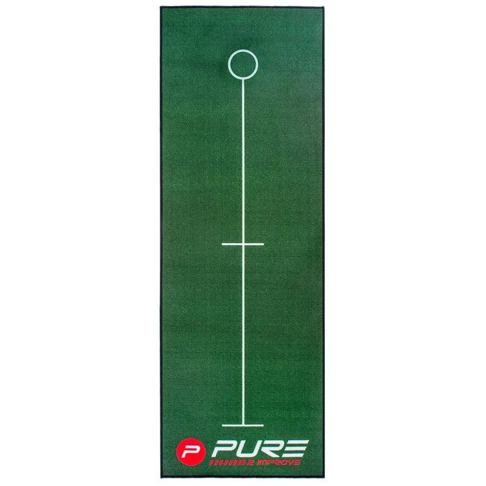 A green putting mat is displayed with a circular hole at one end a straight white line leading to it and the word PURE and the phrase 2 IMPROVE in red and white at the bottom.