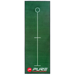 A green putting mat is displayed with a circular hole at one end a straight white line leading to it and the word PURE and the phrase 2 IMPROVE in red and white at the bottom.
