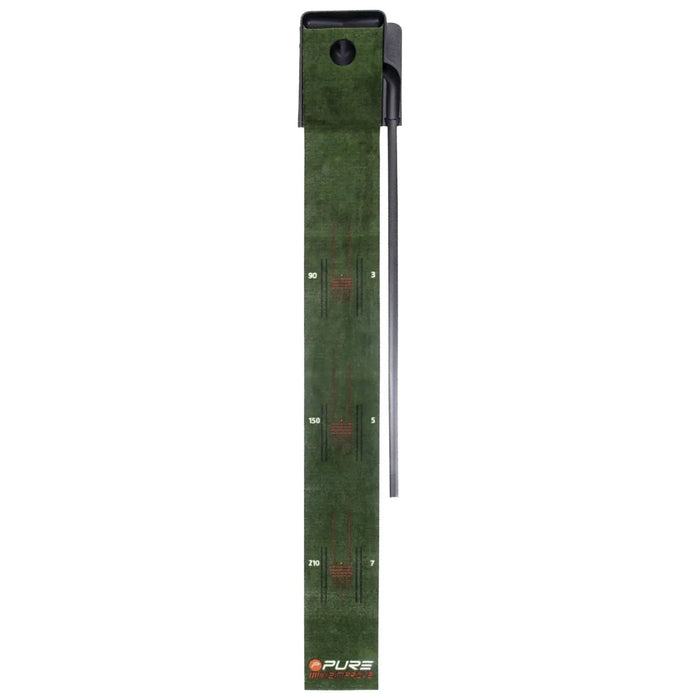 A green measuring tape marked with numerical increments indicates distances. It is measuring something, likely on a flat surface, with its calibration visible along its length.